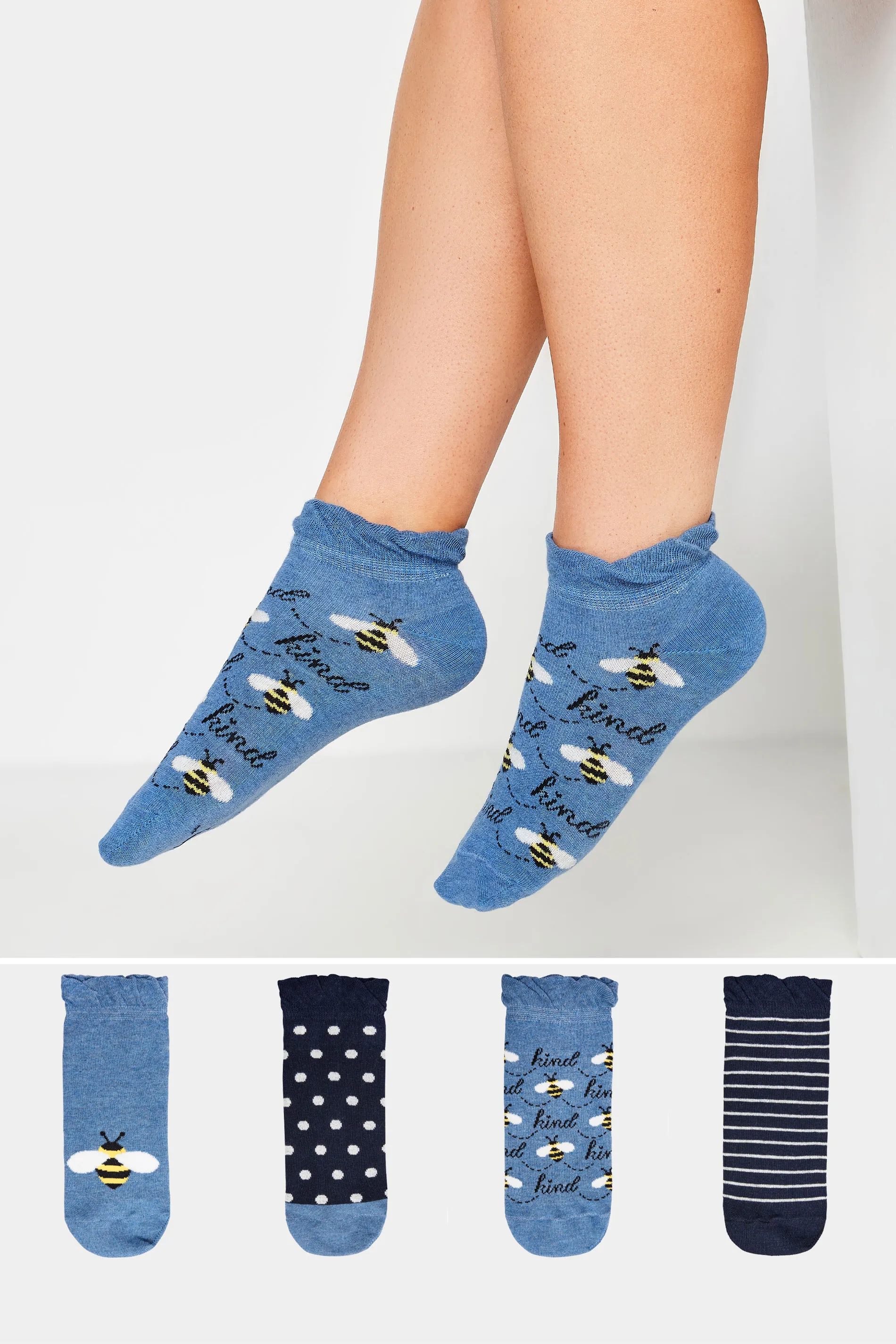 4 PACK Blue 'Bee Kind' Trainer Liner Socks