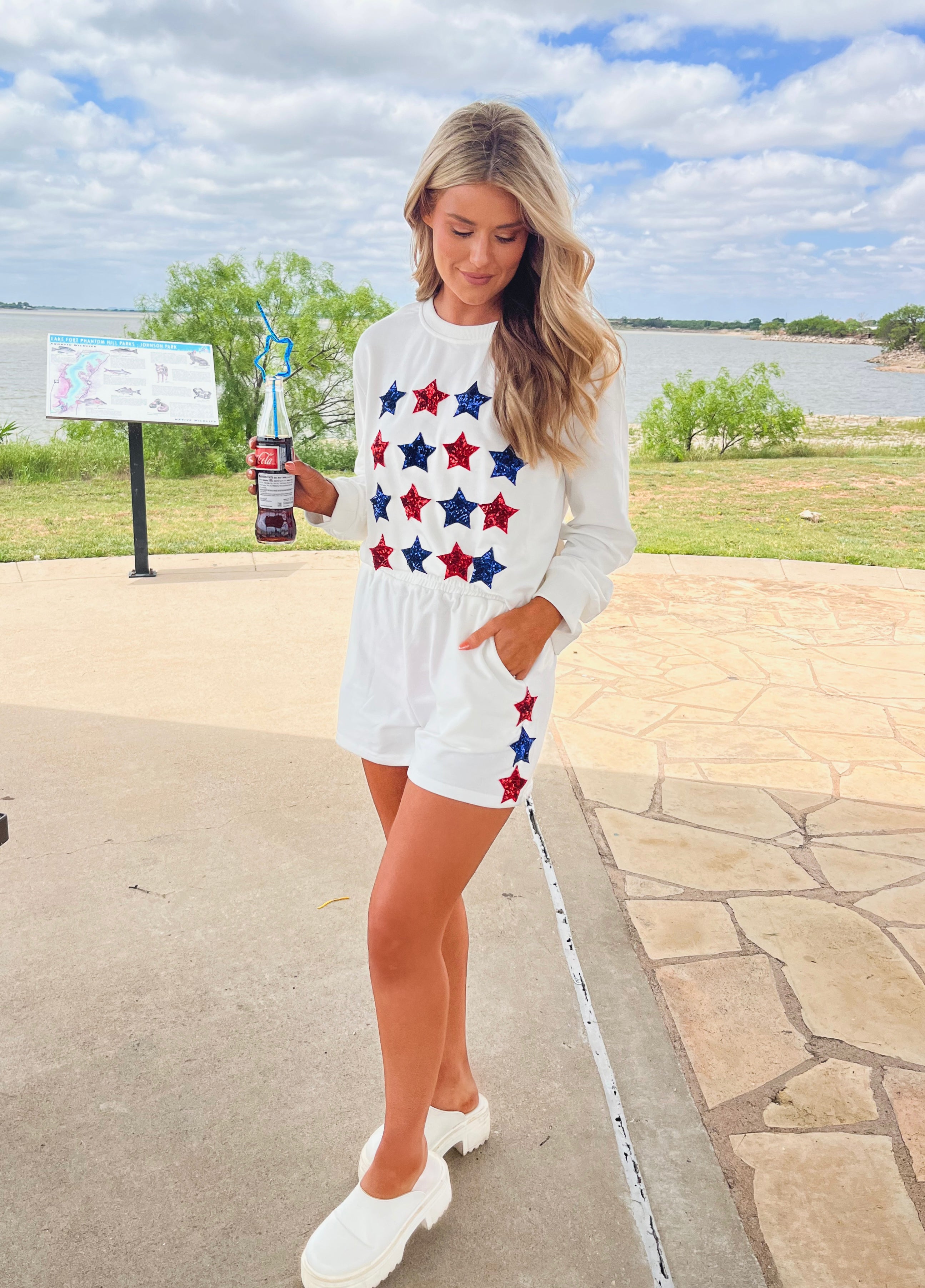 4th of July Star Patch Long Sleeve Terry Top