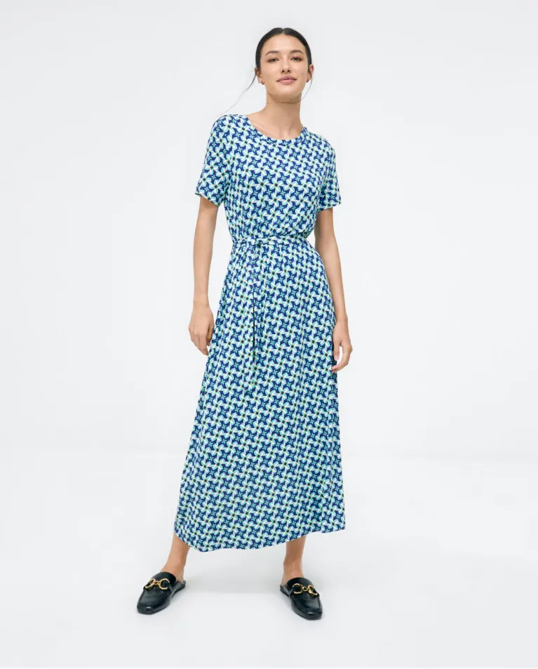 715- Knotted Crossover Belt Midi Dress- Blue Mix- Surkana