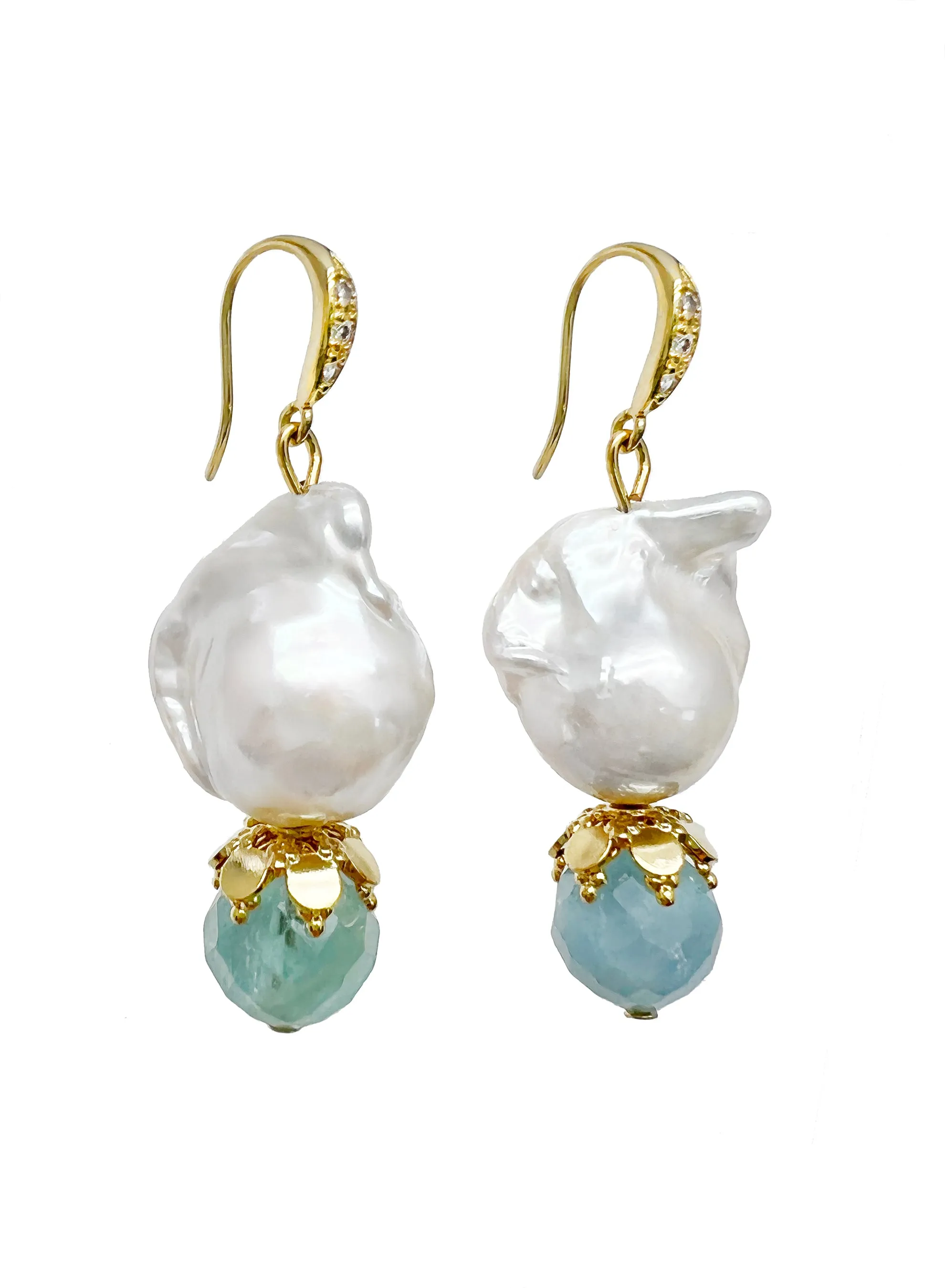 Baroque Pearl With Aquamarine Dangle Earrings JE033