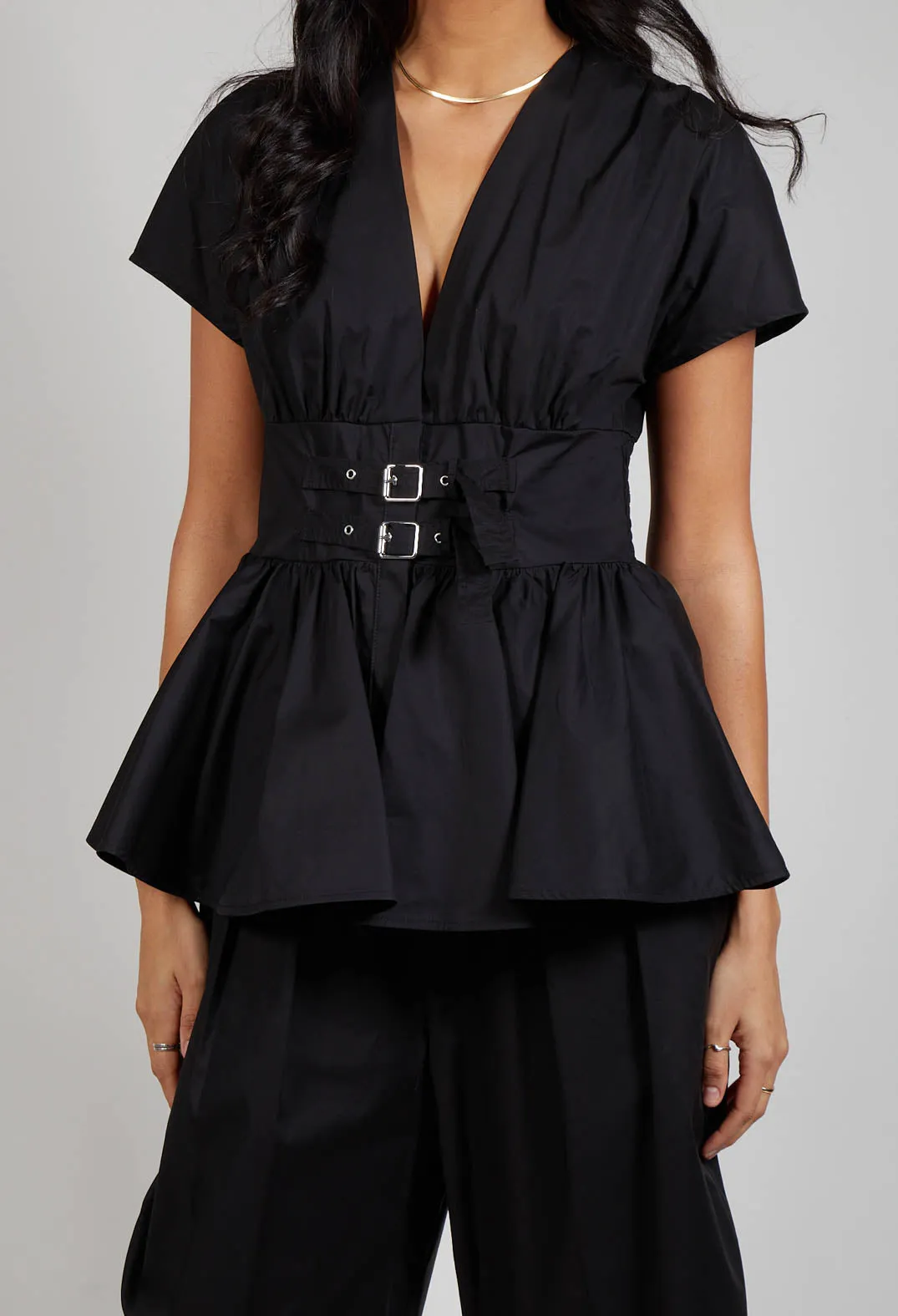 Belt Front Blouse in Black