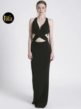 BLACK FULL LENGTH GOWN WITH CUT-OUT DETAIL