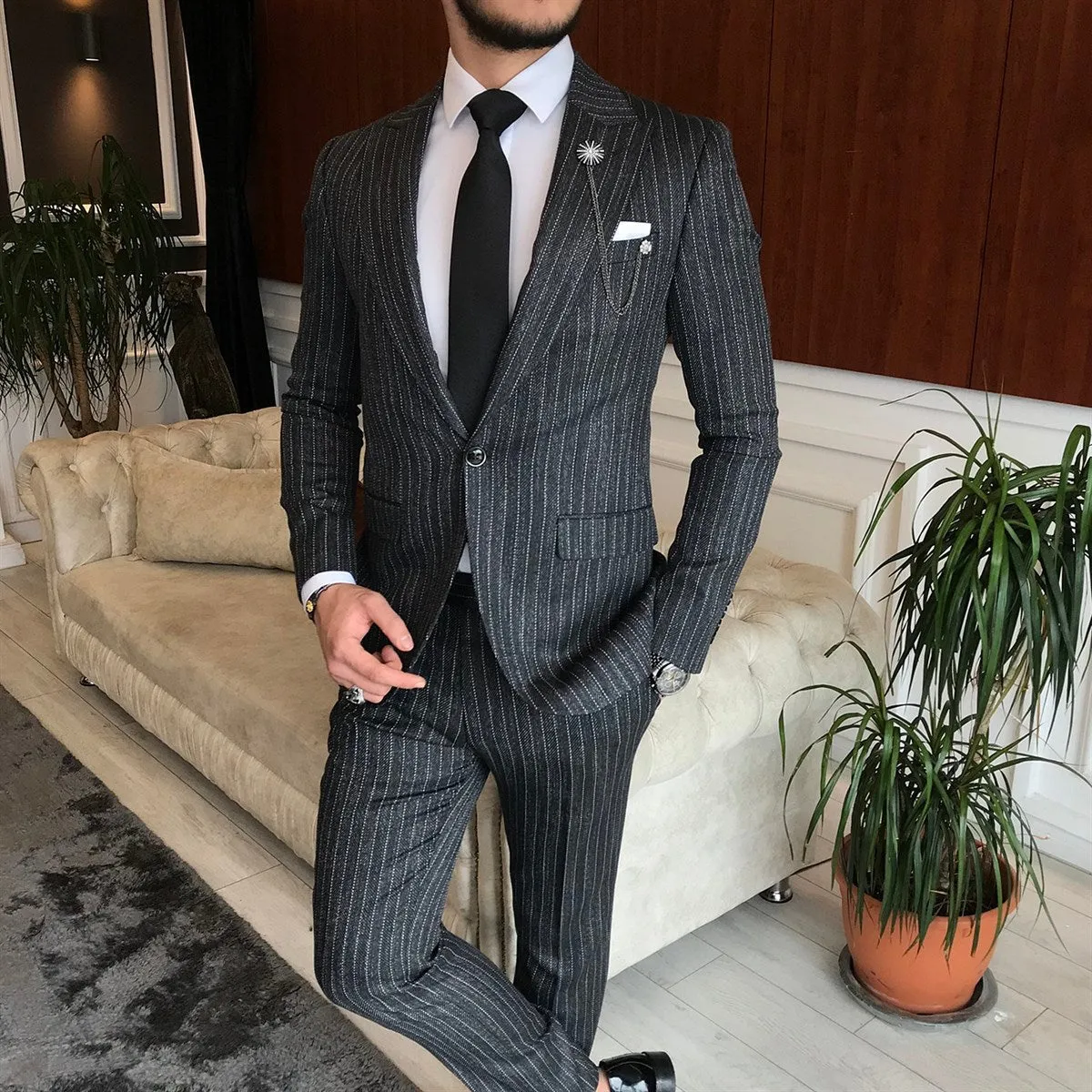 Bojoni Grey Striped Slim-Fit Suit 2-Piece