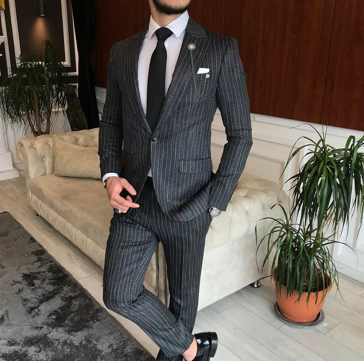 Bojoni Grey Striped Slim-Fit Suit 2-Piece