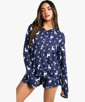 boohoo Womens Christmas Snowflake Print Long Sleeve Short Pj Set