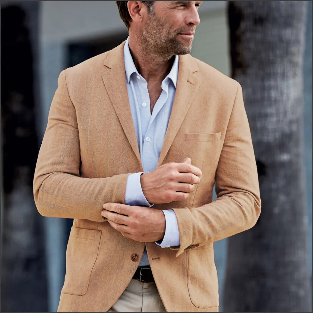 Brook Taverner Thorpe Sand Herringbone Washed Cotton Linen Unstructured Jacket-