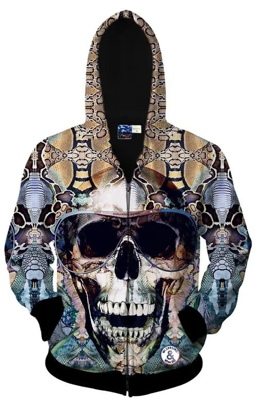 Brown Skull Snake Skin Long Sleeves Punk Mens Jacket Winter Hooded Hoodies