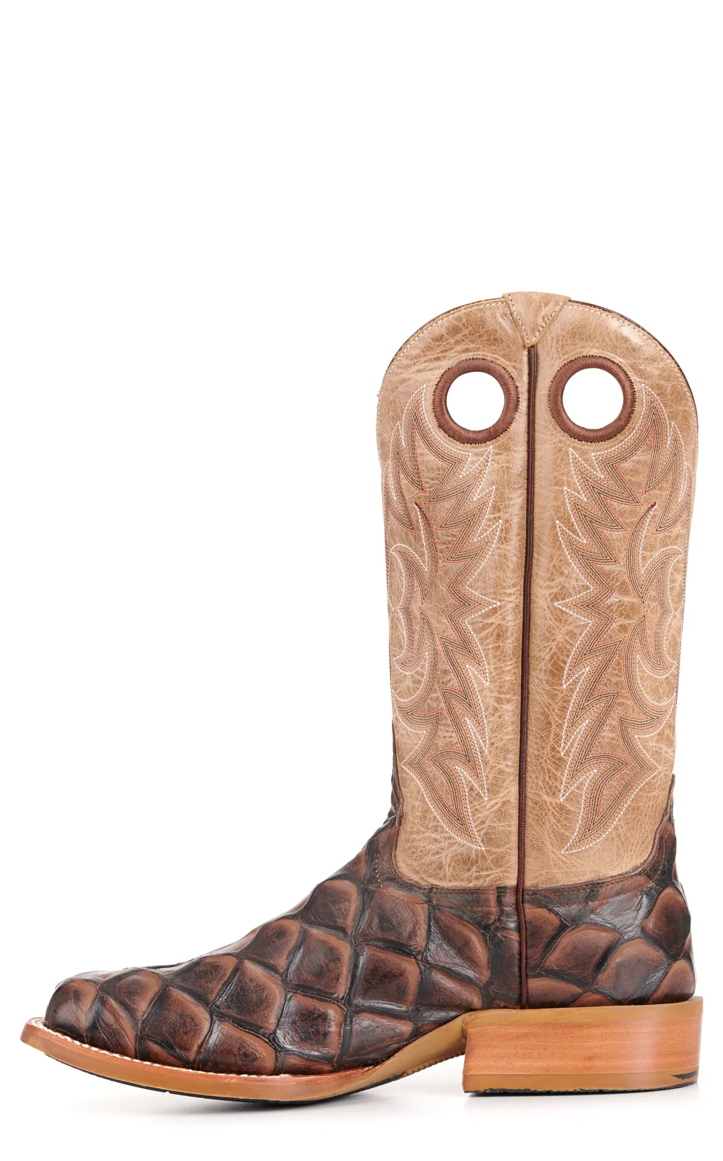 Cavender's Men's Intrepid Bone and Brown Pirarucu Print Wide Square Toe Cowboy Boots