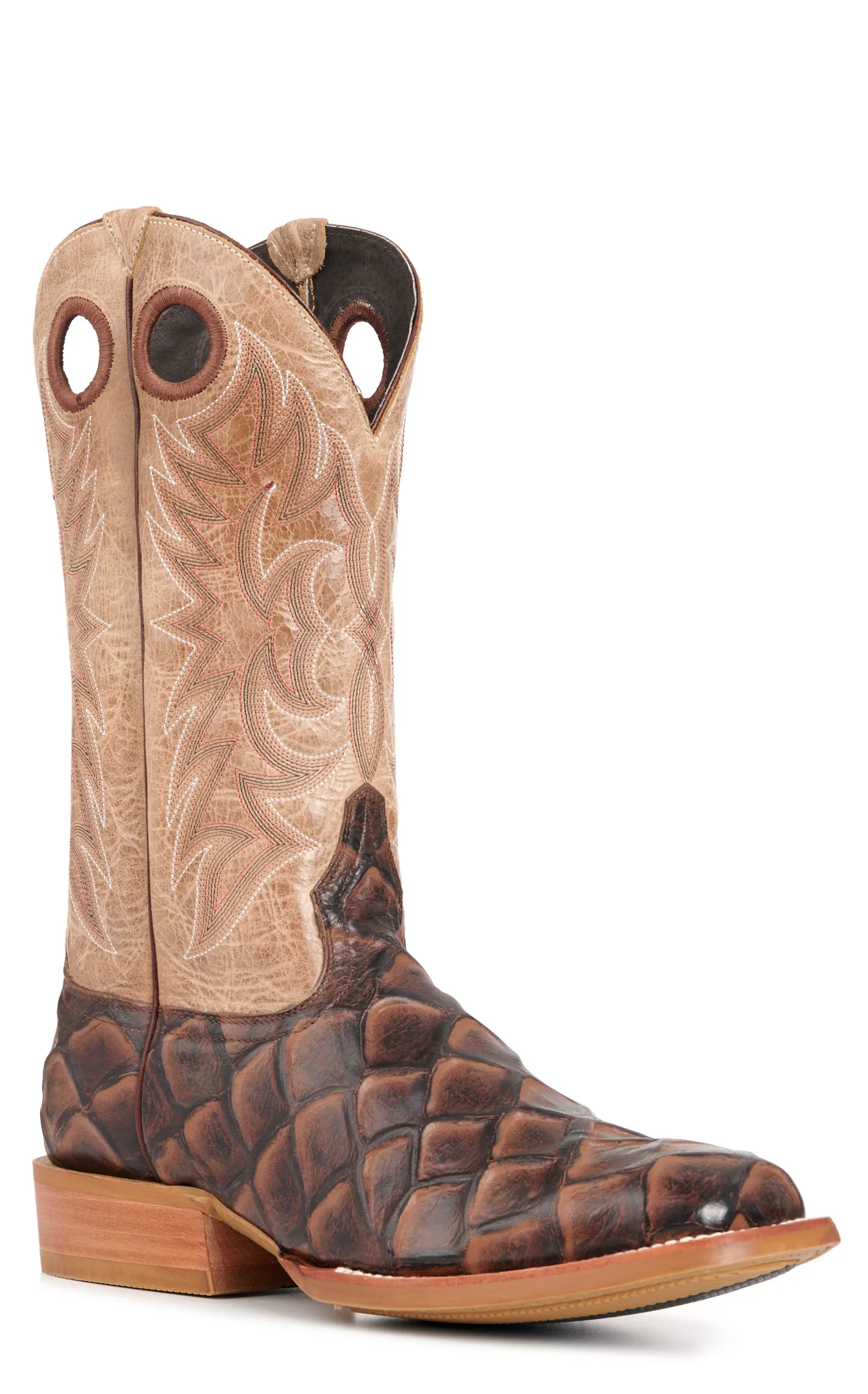 Cavender's Men's Intrepid Bone and Brown Pirarucu Print Wide Square Toe Cowboy Boots