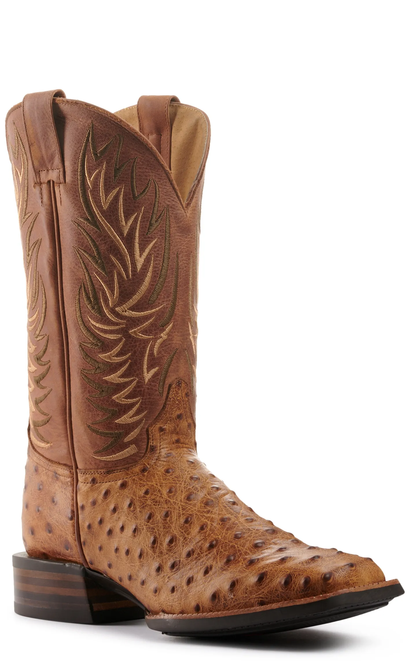 Cavender's Men's Intrepid Brass and Aleman Antique Tan Ostrich Print Wide Square Toe Cowboy Boots