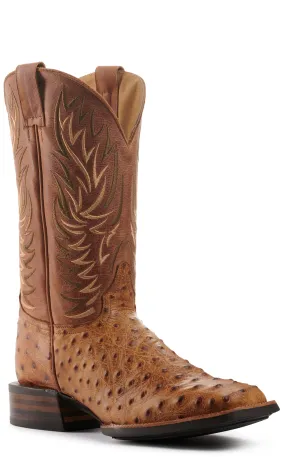 Cavender's Men's Intrepid Brass and Aleman Antique Tan Ostrich Print Wide Square Toe Cowboy Boots