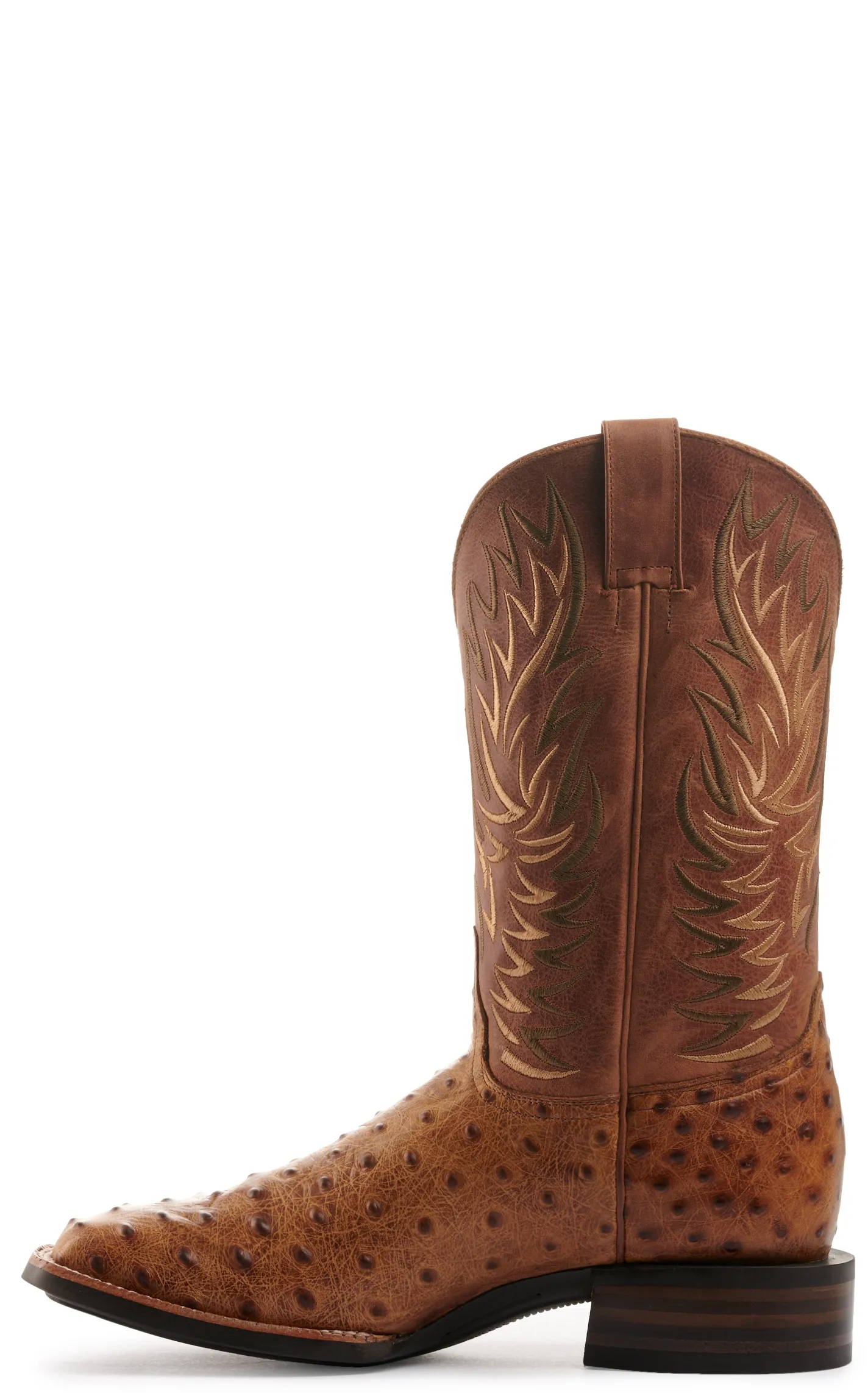 Cavender's Men's Intrepid Brass and Aleman Antique Tan Ostrich Print Wide Square Toe Cowboy Boots