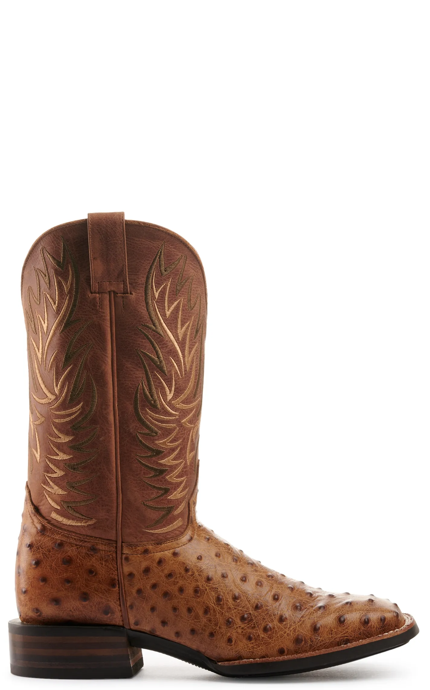 Cavender's Men's Intrepid Brass and Aleman Antique Tan Ostrich Print Wide Square Toe Cowboy Boots