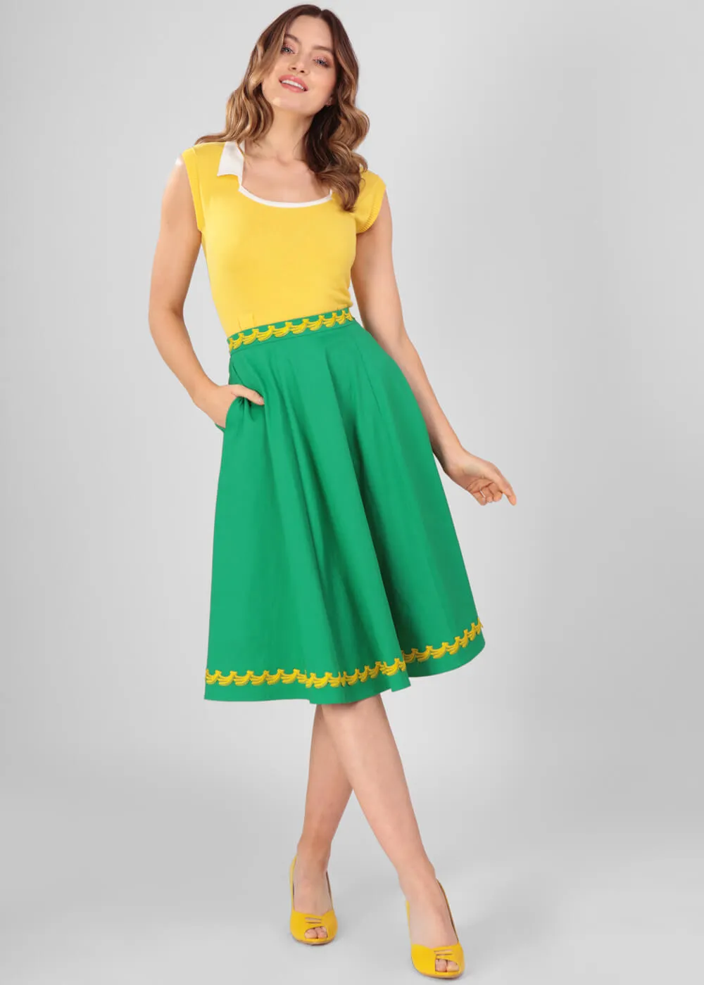 Collectif Matilde Banana Trim 50's Swing Skirt Green