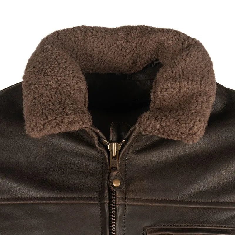 Dark Brown Leather Jacket With Removable Fur Collar