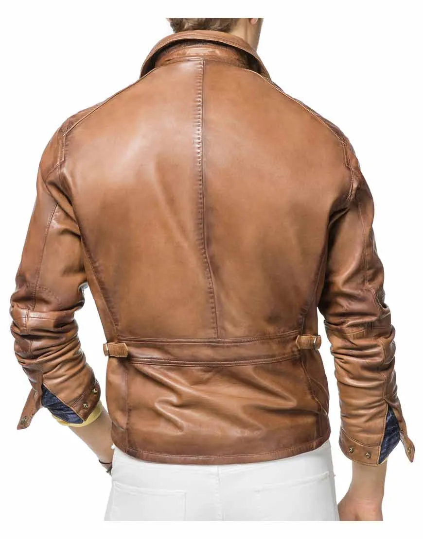 Designer Mens Tan Brown Leather Biker Jacket - UJackets