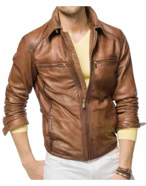 Designer Mens Tan Brown Leather Biker Jacket - UJackets