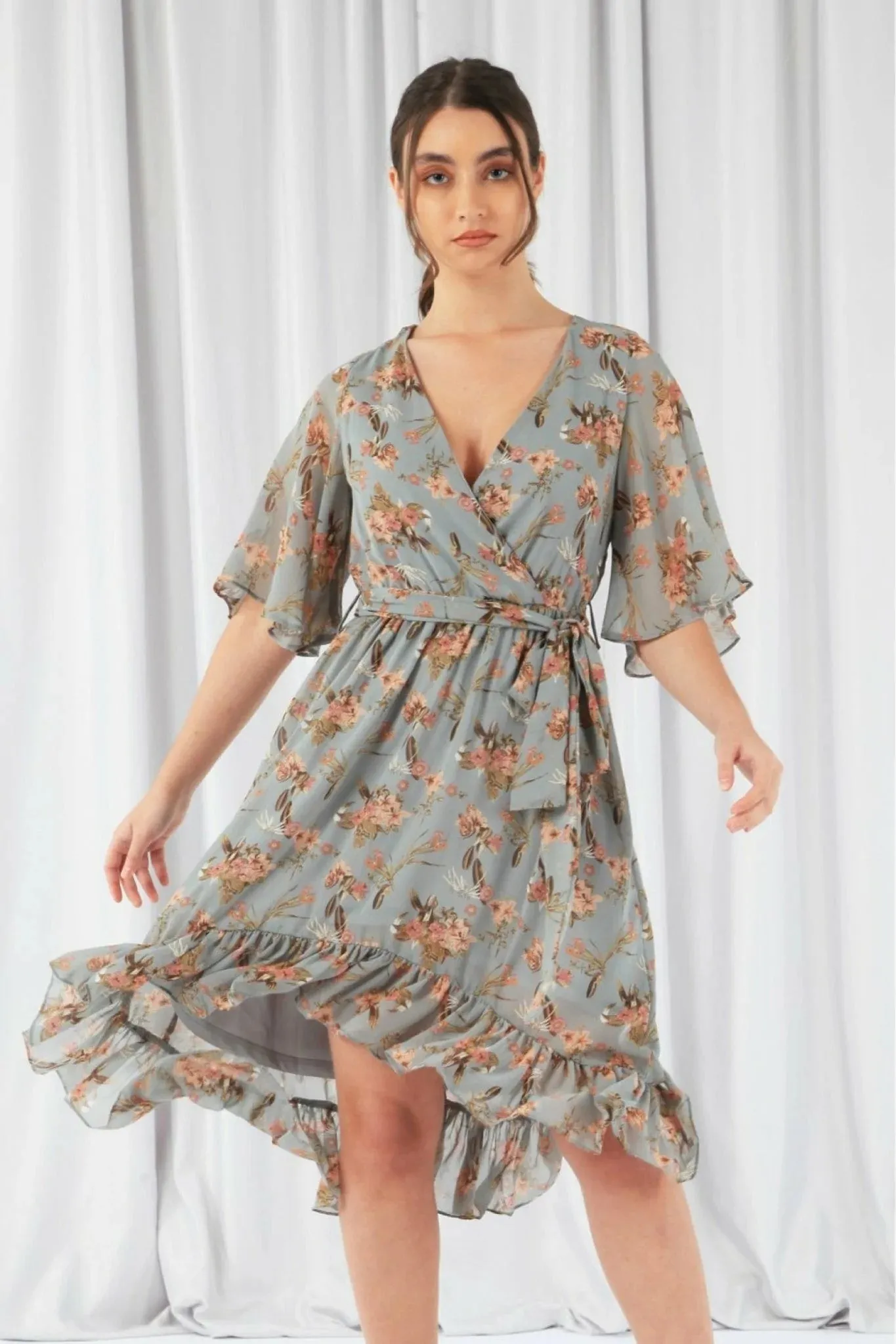 Double Second Print Dipped Back Wrap Dress