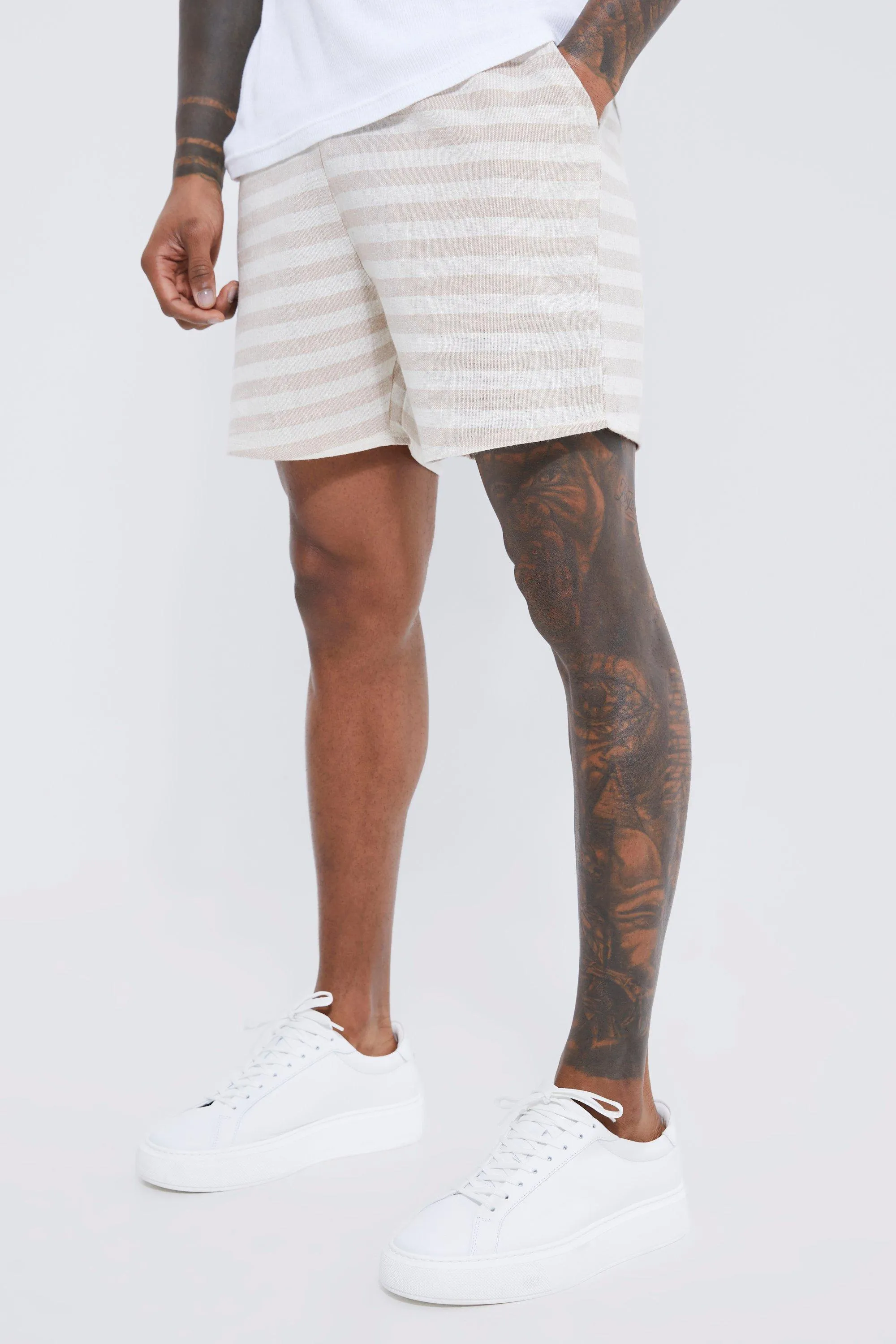 Elastic Waist Comfort Stripe Linen Short | boohooMAN UK