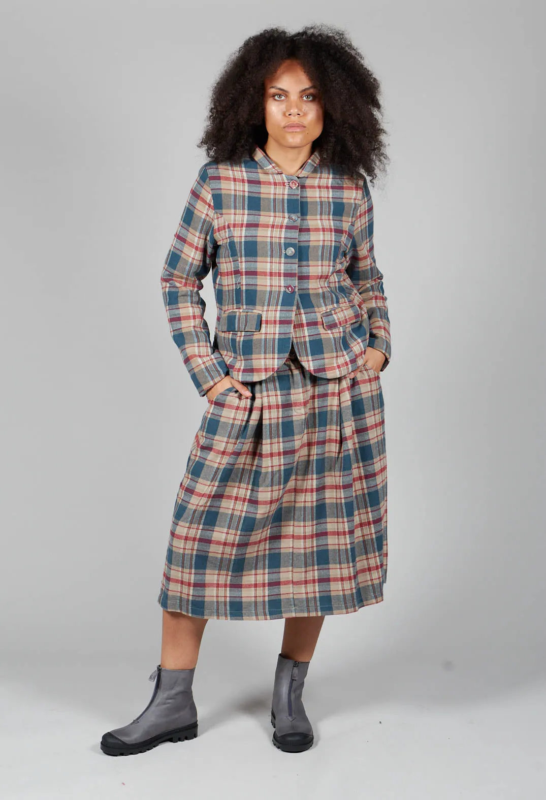 Elastic Waist Plaid Cotton Skirt in Sand