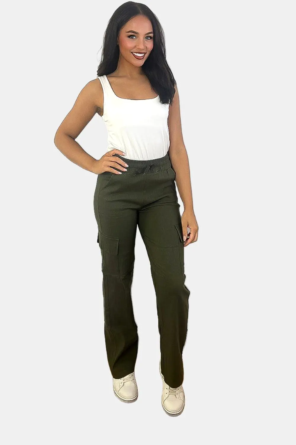 Elastic Waist Utility Pockets Extra Stretchy Cargo Trousers