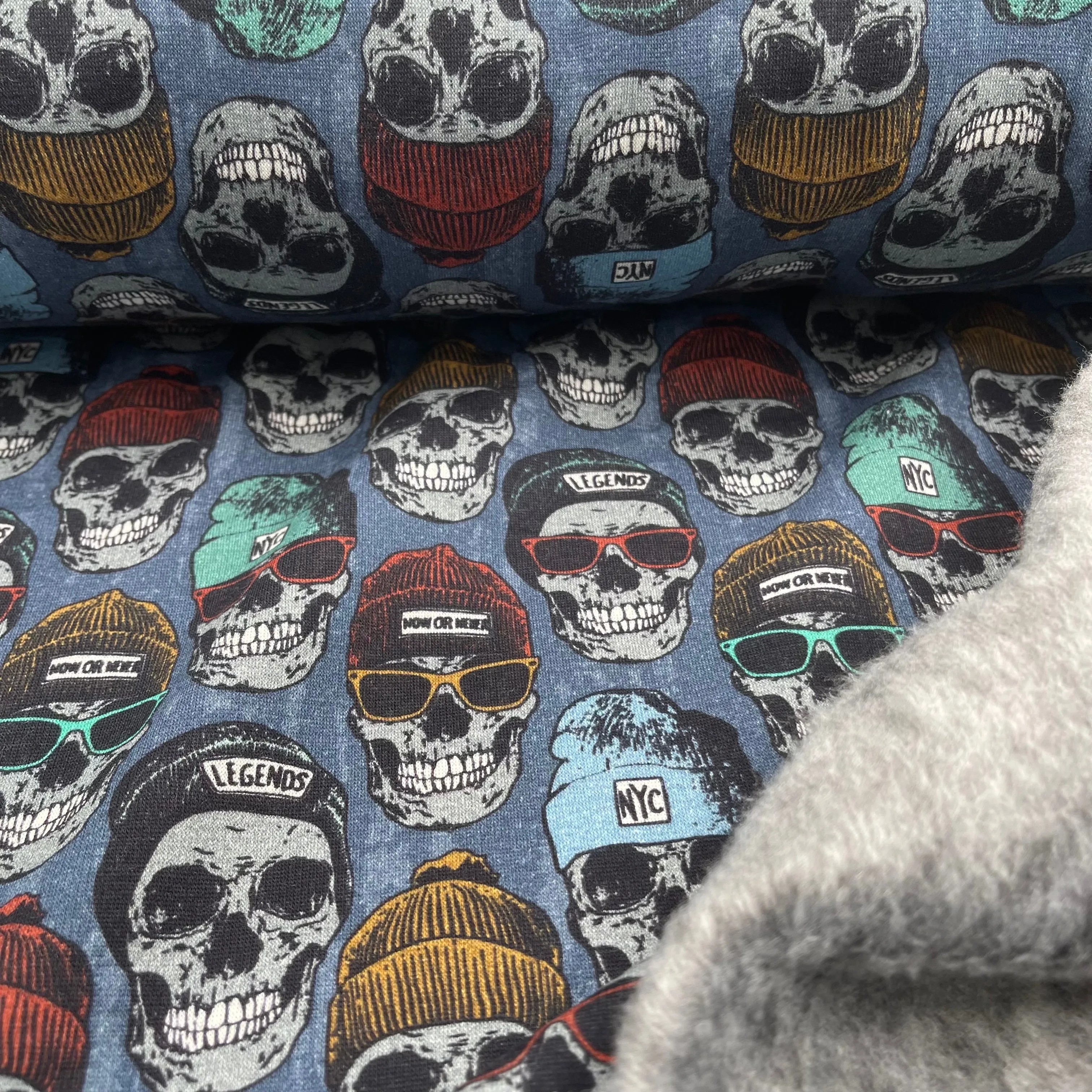 European Cotton Stretch Alpensweat - Skulls - Oeko-Tex - Marine Blue