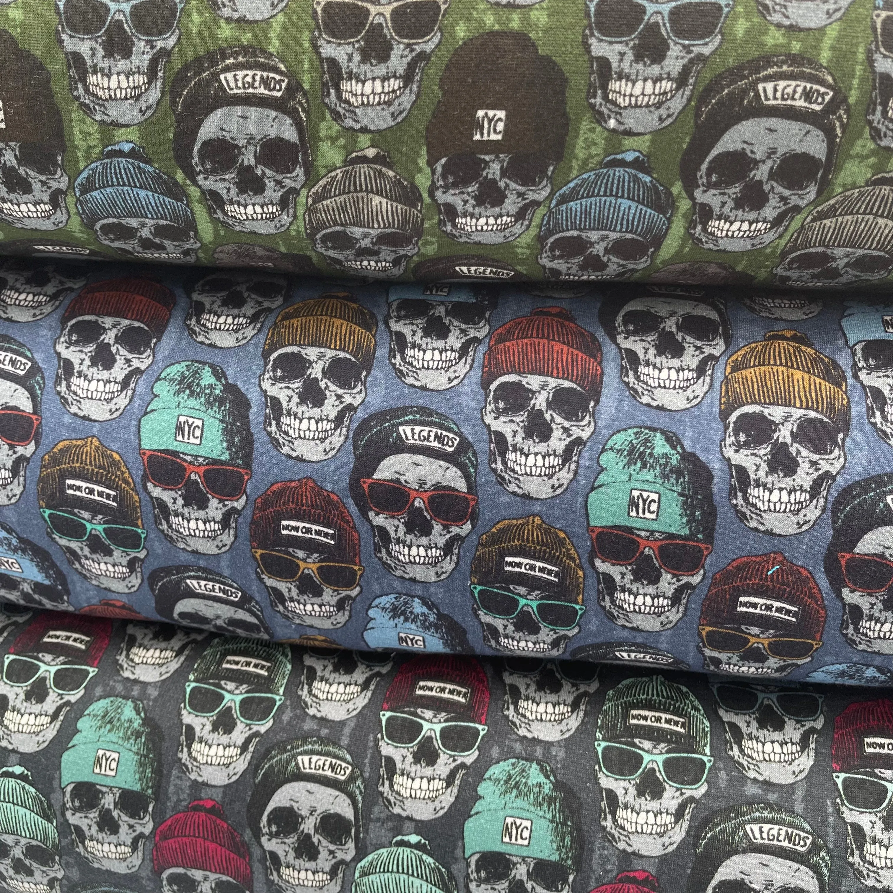 European Cotton Stretch Alpensweat - Skulls - Oeko-Tex - Marine Blue