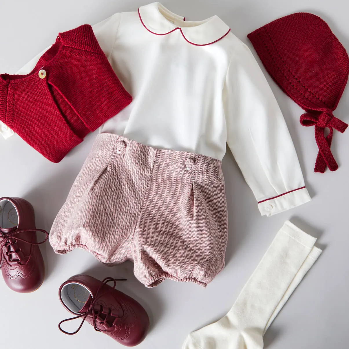 Herringbone Peter Pan Collar Long Sleeve Two Piece Set in Red (6mths-2yrs)