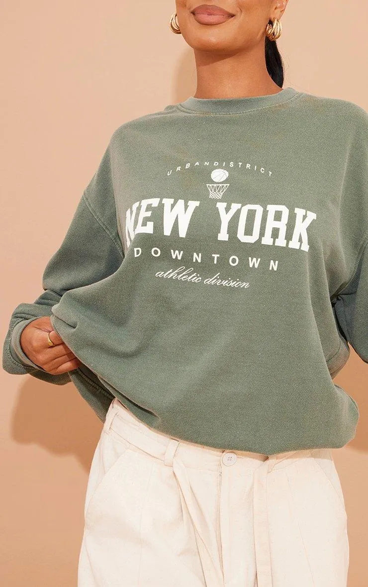 Hoodies & Sweatshirts | Khaki New York Downtown Slogan Printed Sweatshirt | PrettyLittleThing