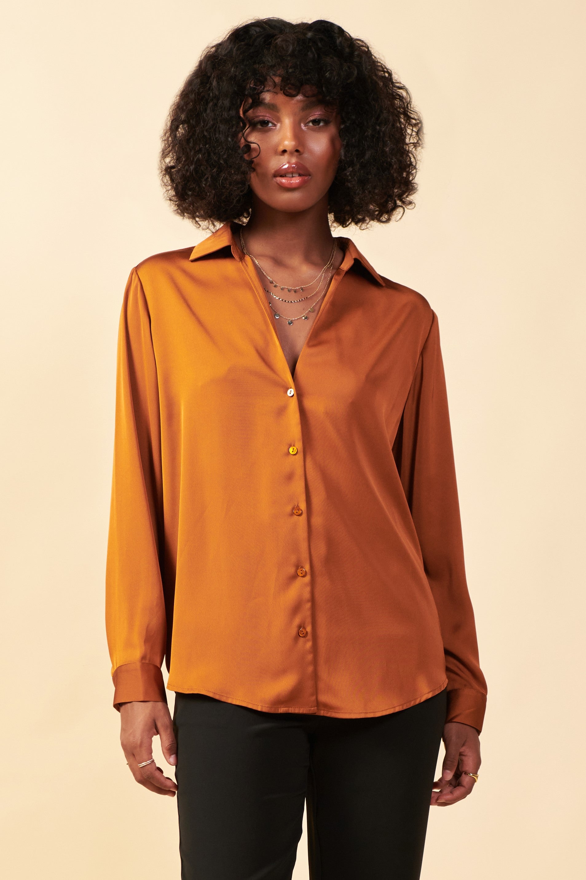 Long Sleeve Poly Satin Blouse- Toffee