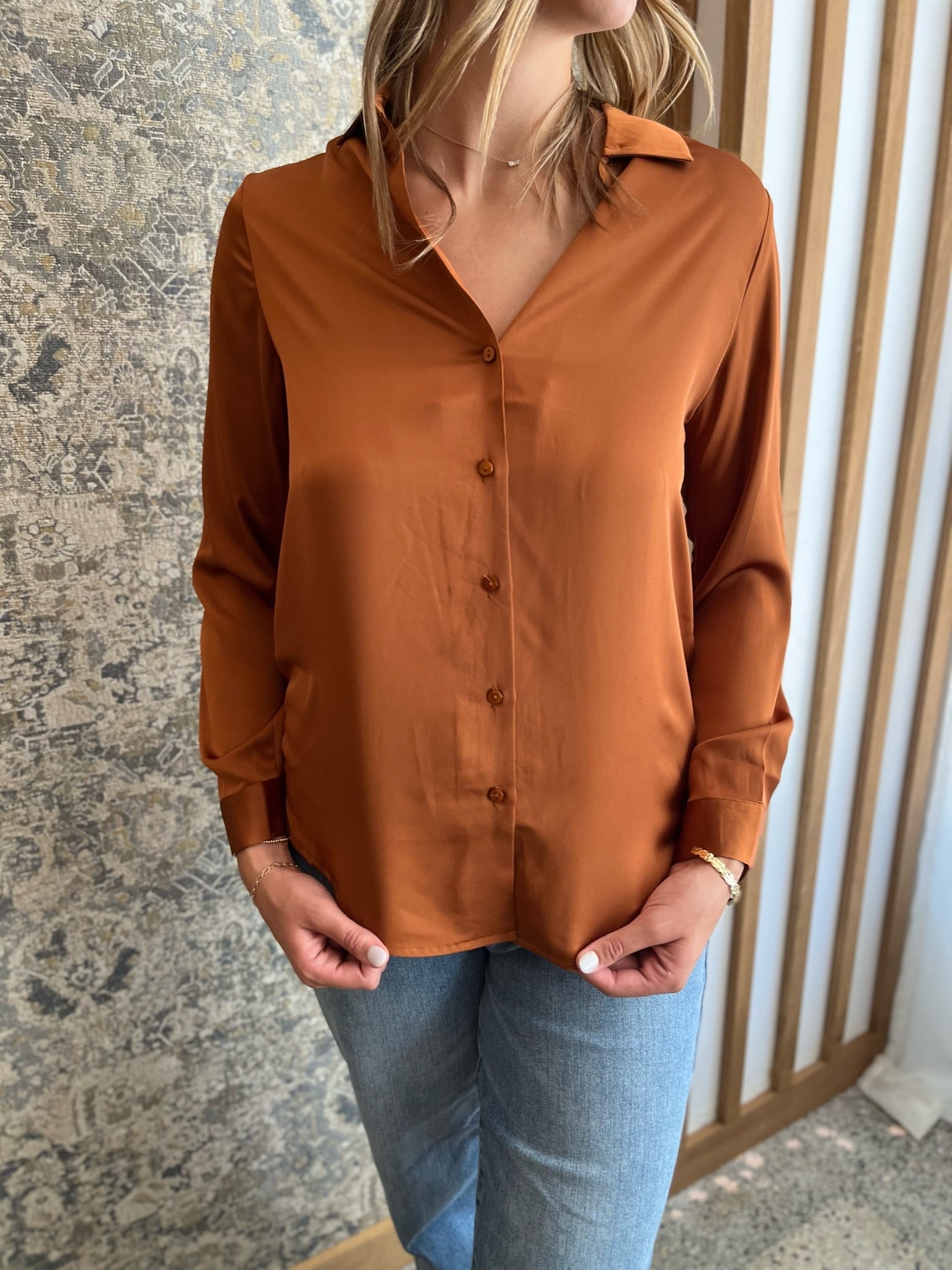 Long Sleeve Poly Satin Blouse- Toffee