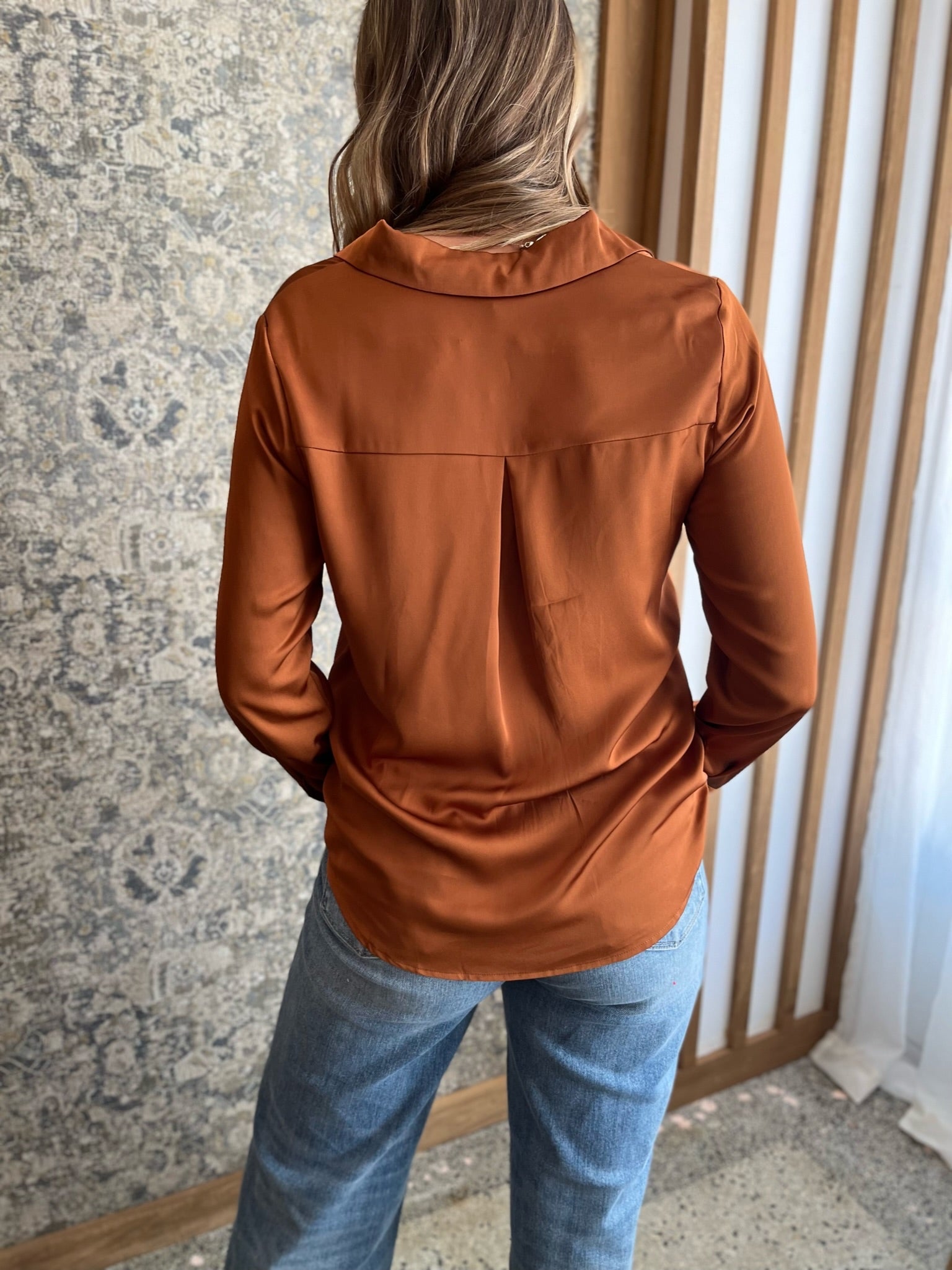 Long Sleeve Poly Satin Blouse- Toffee