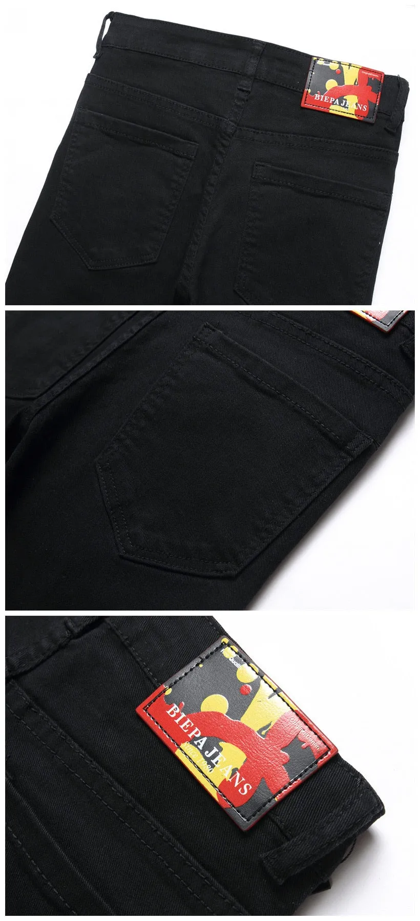 Men's Black Denim Printed Pattern Mid Waist Streetwear Skinny Jeans