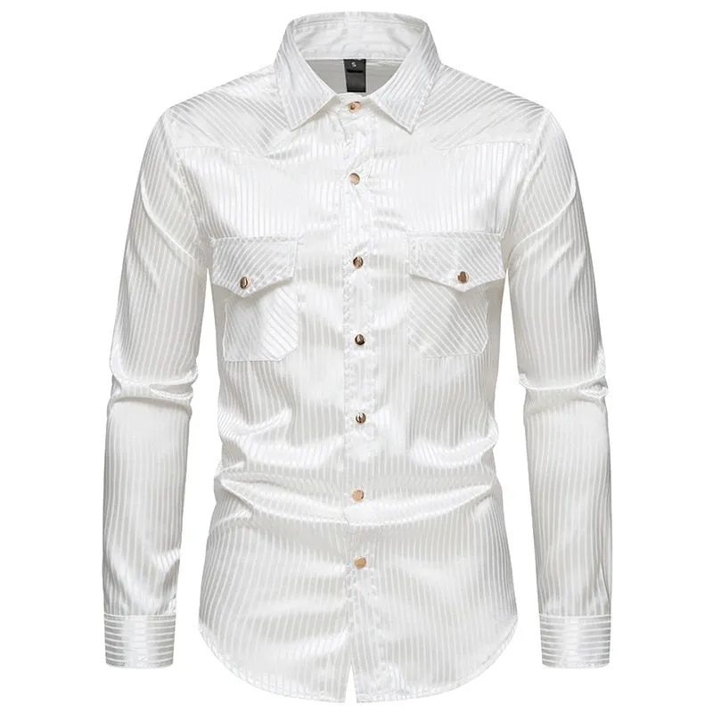 Men's Business Formal Striped Double Pockets Seamless Long Sleeve Shirt