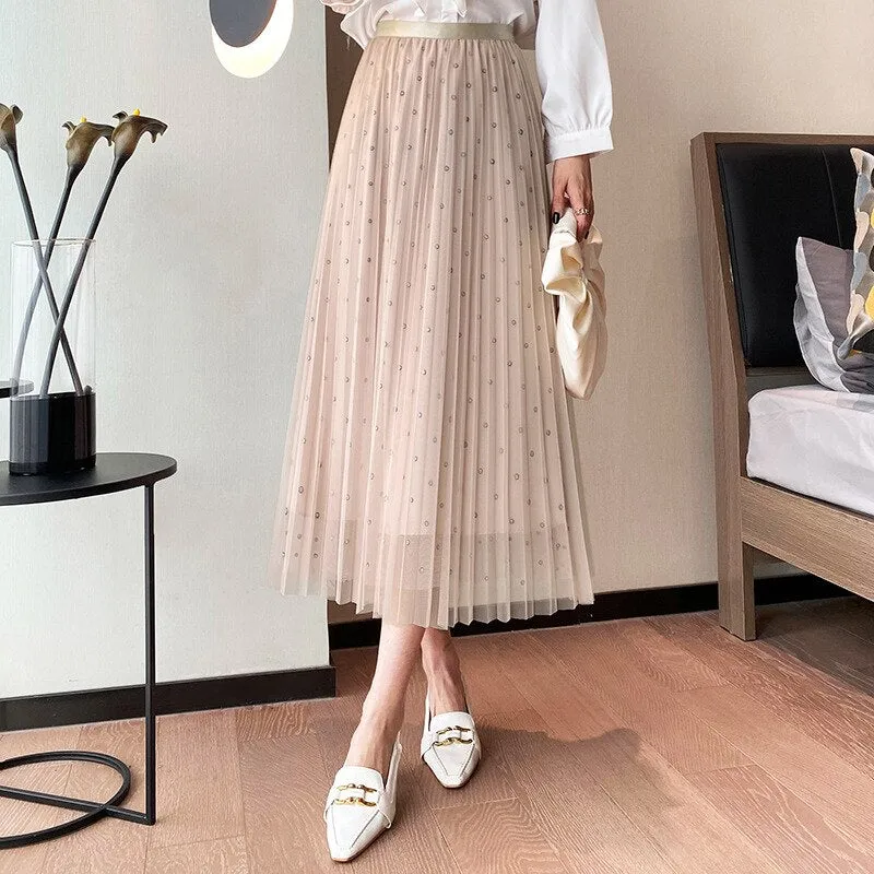 New Elastic High Waist Rhinestone Mesh Women A-Line Pleated Casual Skirt