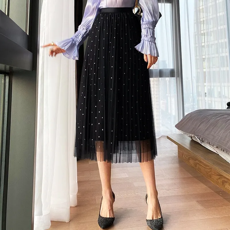 New Elastic High Waist Rhinestone Mesh Women A-Line Pleated Casual Skirt