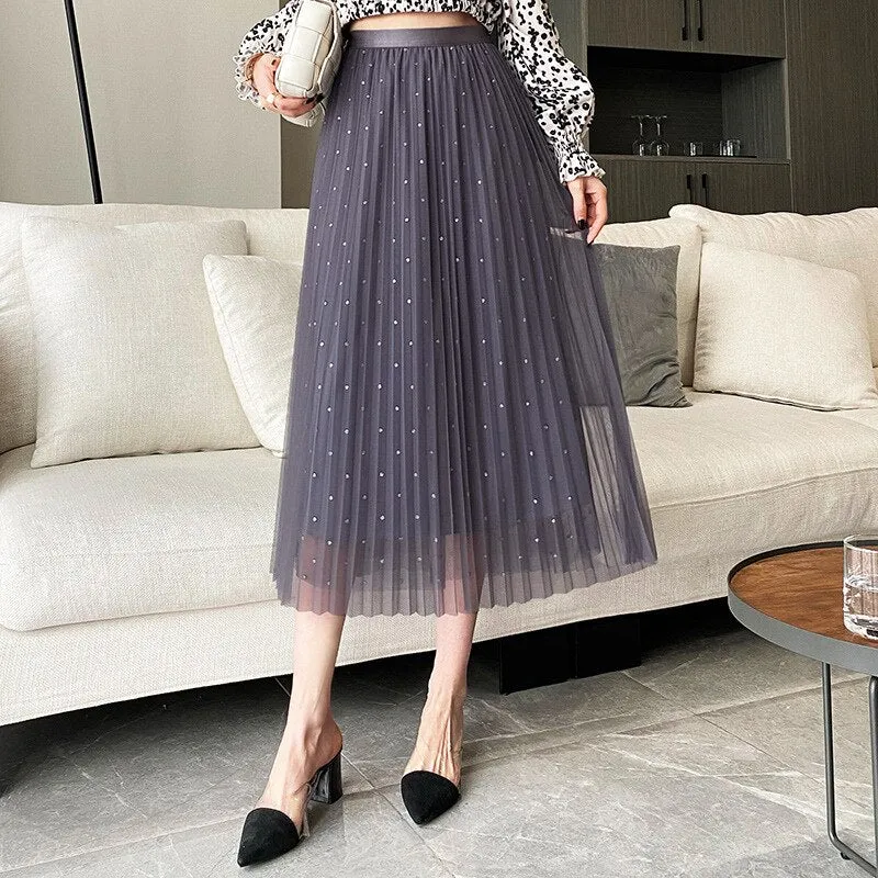 New Elastic High Waist Rhinestone Mesh Women A-Line Pleated Casual Skirt