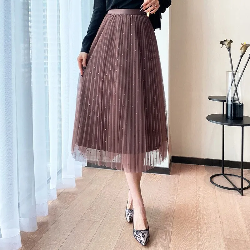 New Elastic High Waist Rhinestone Mesh Women A-Line Pleated Casual Skirt