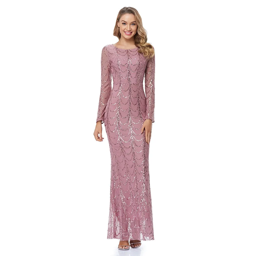 New Evening Pink Dress O Neck Full Sleeve Mermaid Sequins Tulle Floor Length Party Dress Women Formal Dress