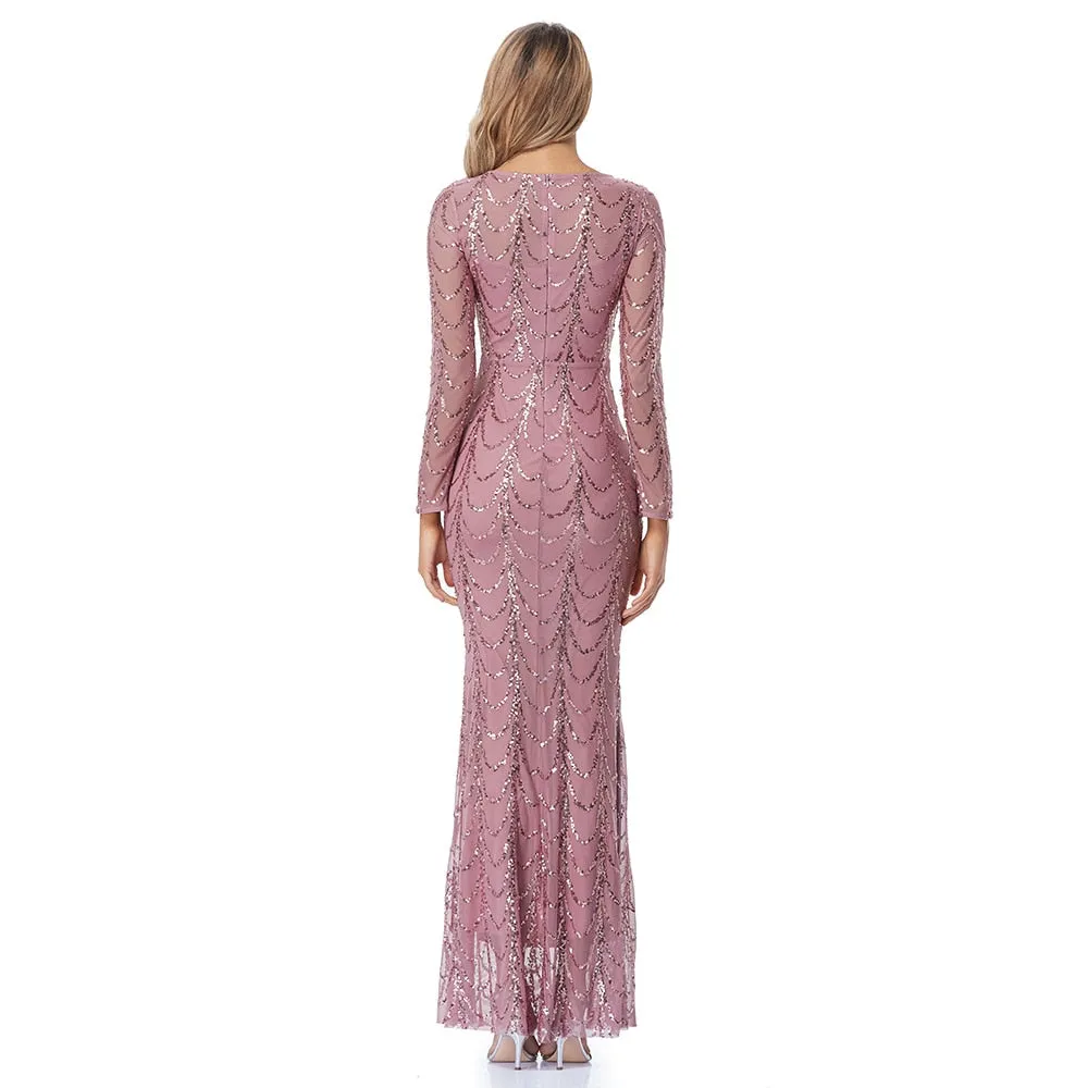 New Evening Pink Dress O Neck Full Sleeve Mermaid Sequins Tulle Floor Length Party Dress Women Formal Dress