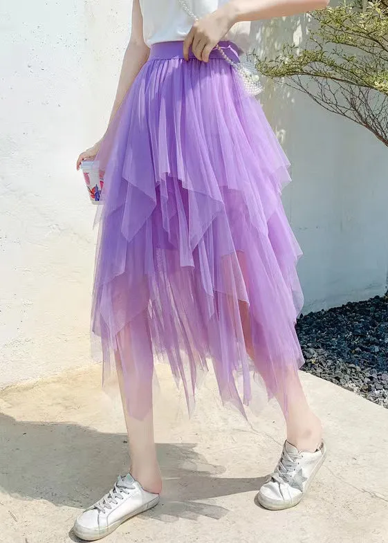 New Purple Asymmetrical Elastic Waist Tulle Skirt Summer AS1086