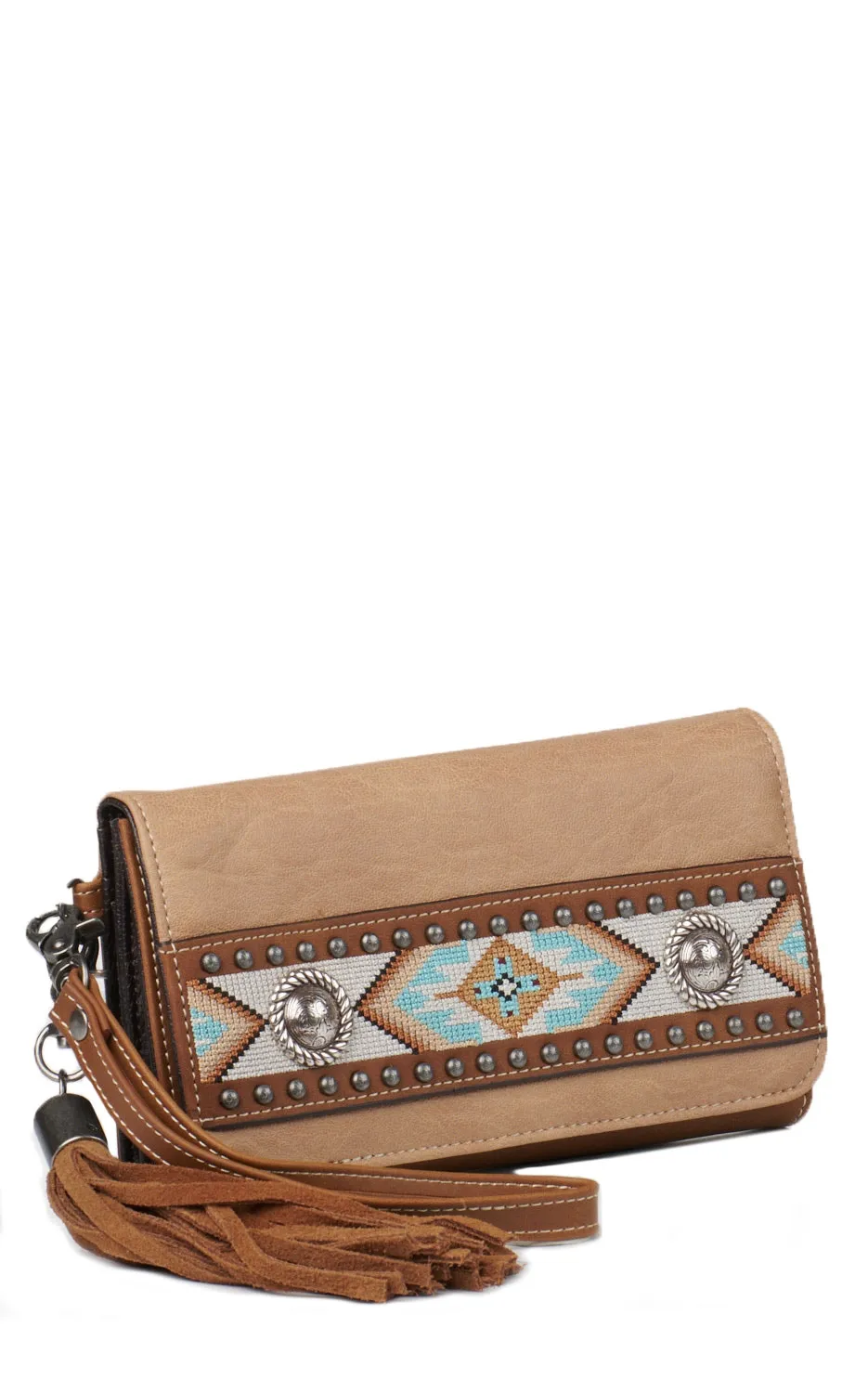 Nocona Carmen Tan with Southwest Stitching and Conchos Clutch Wallet