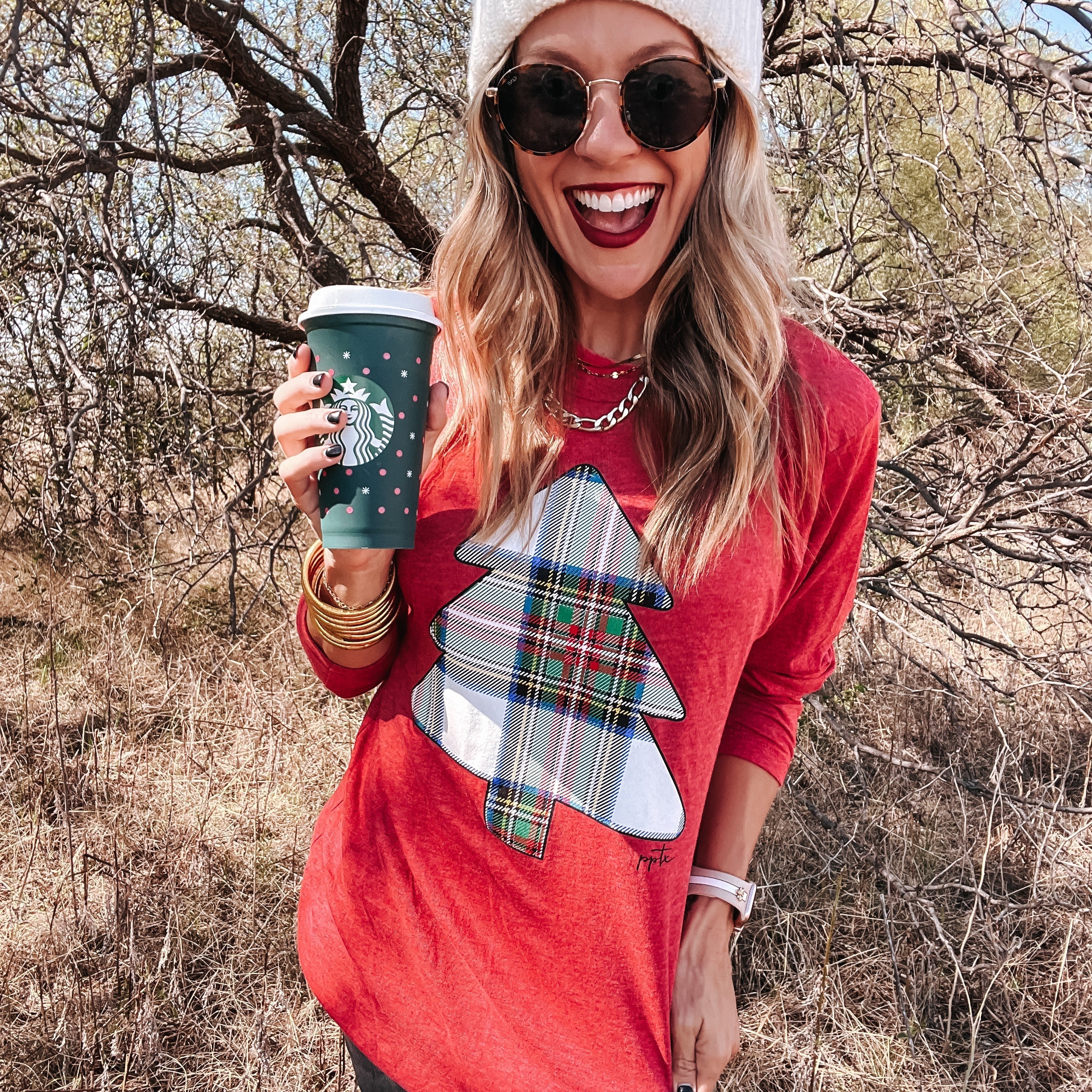 Plaid Tree Long-sleeve- Red