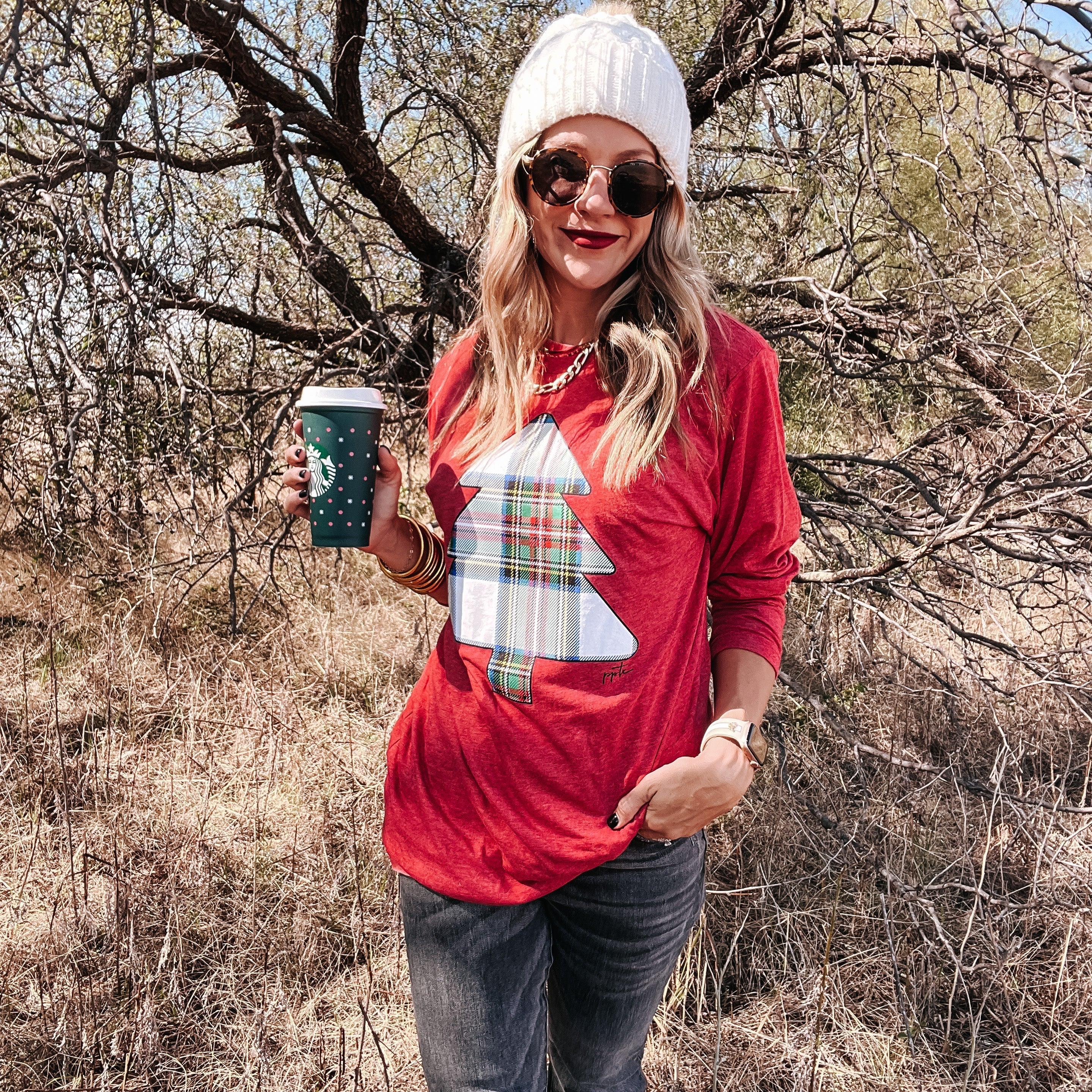 Plaid Tree Long-sleeve- Red