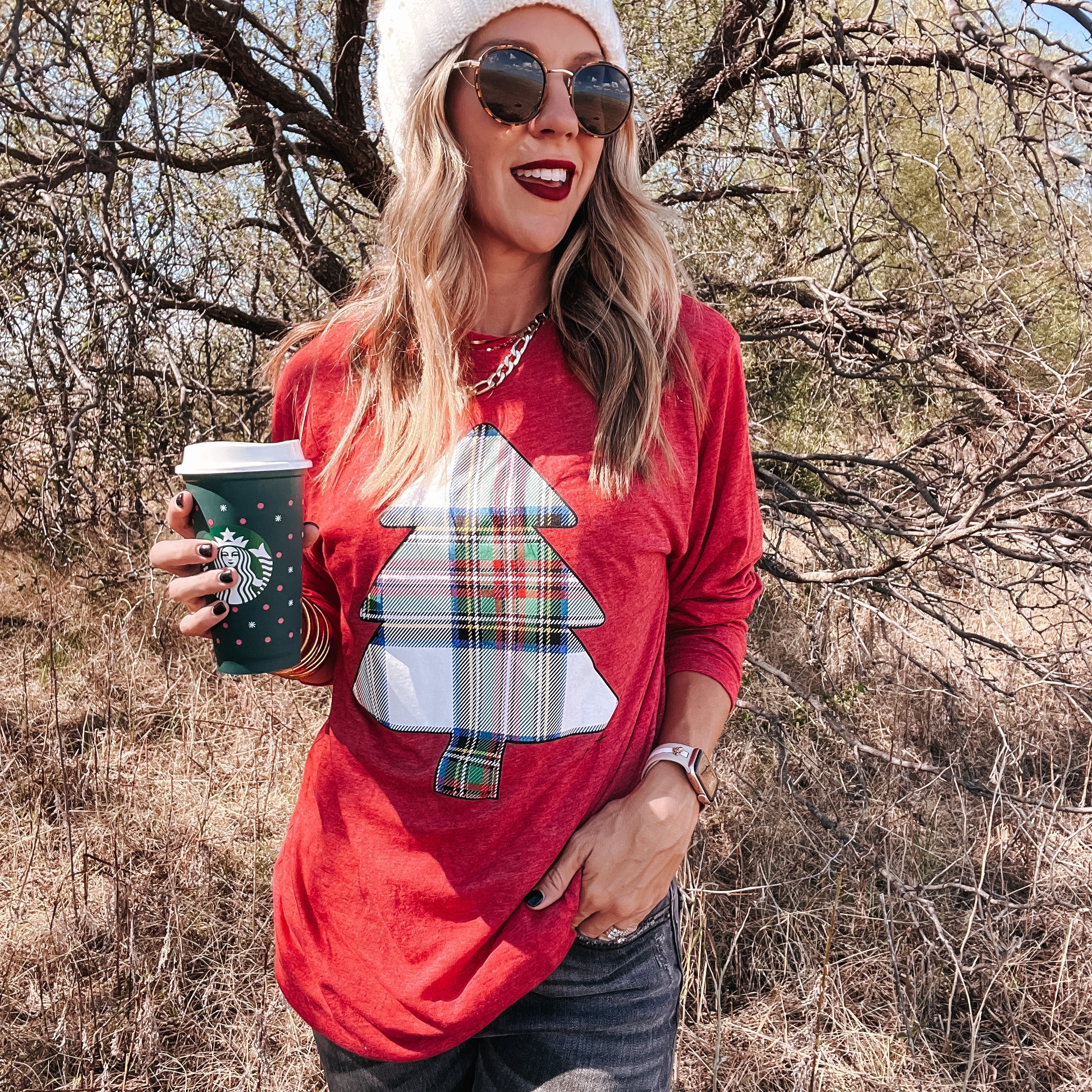 Plaid Tree Long-sleeve- Red