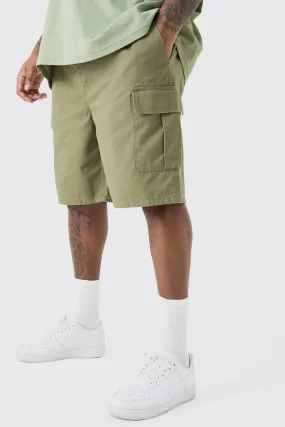 Plus Elastic Waist Relaxed Fit Cargo Shorts In Khaki | boohooMAN UK