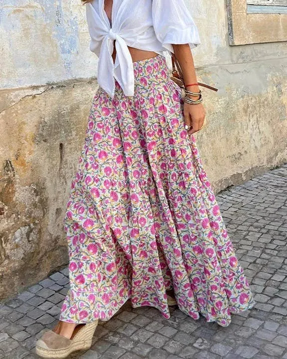 Printed Elastic Waistband Waist Swing Resort Skirt