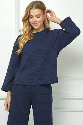 QUILTED LONG SLEEVE TOP-  NAVY