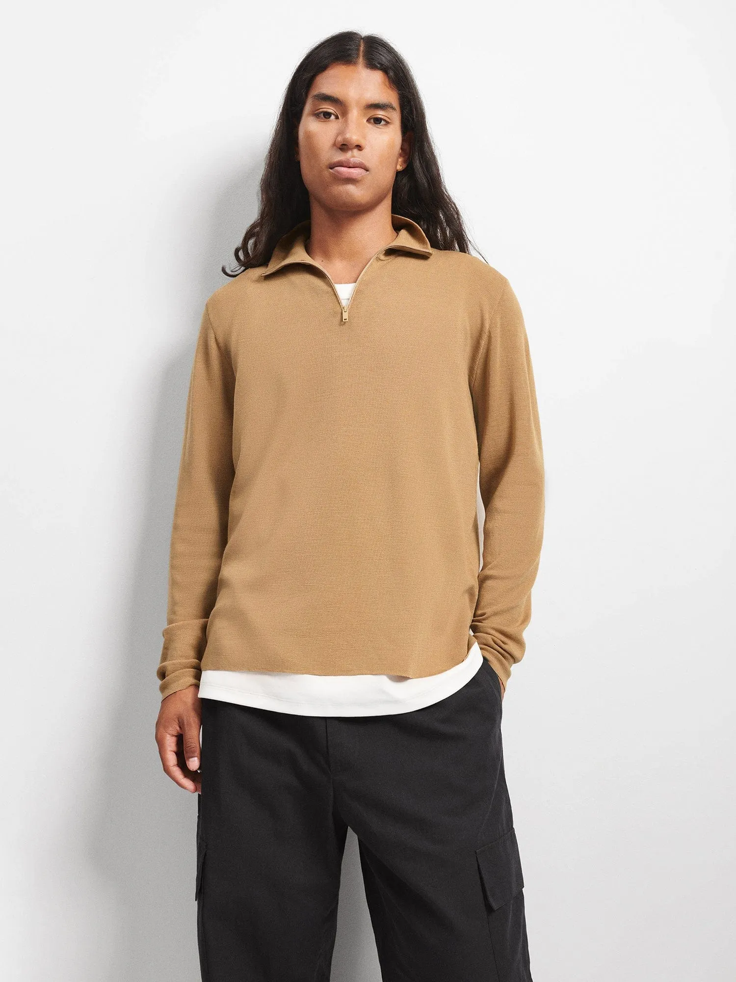 Regenerative Merino Wool Half-Zip Sweater—camel