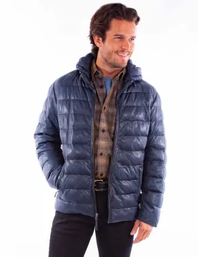 Scully Mens Hooded Puffer Blue Leather Insulated Jacket